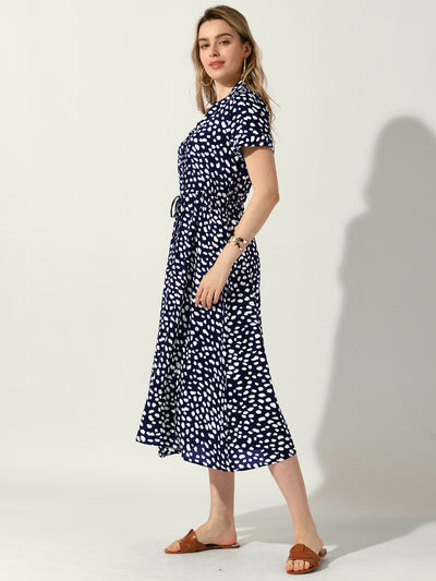 Button Down Short Sleeve Drawstring High Waist Midi Dress