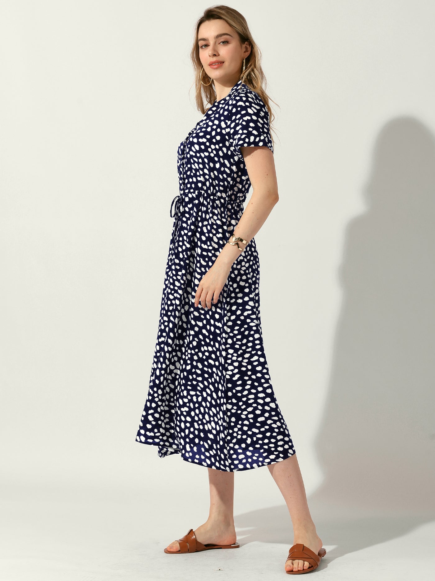 Allegra K Button Down Short Sleeve Drawstring High Waist Midi Dress