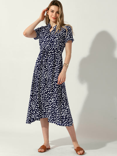 Button Down Short Sleeve Drawstring High Waist Midi Dress