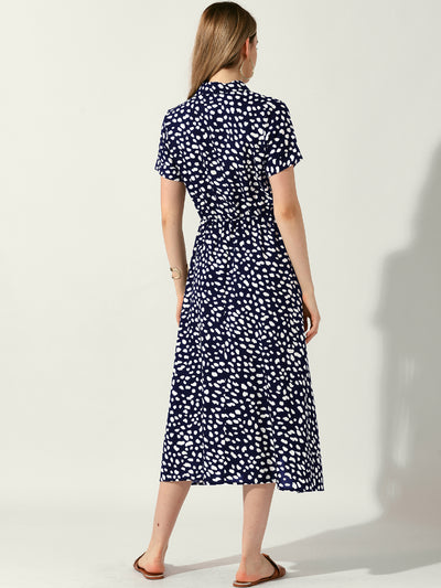 Button Down Short Sleeve Drawstring High Waist Midi Dress