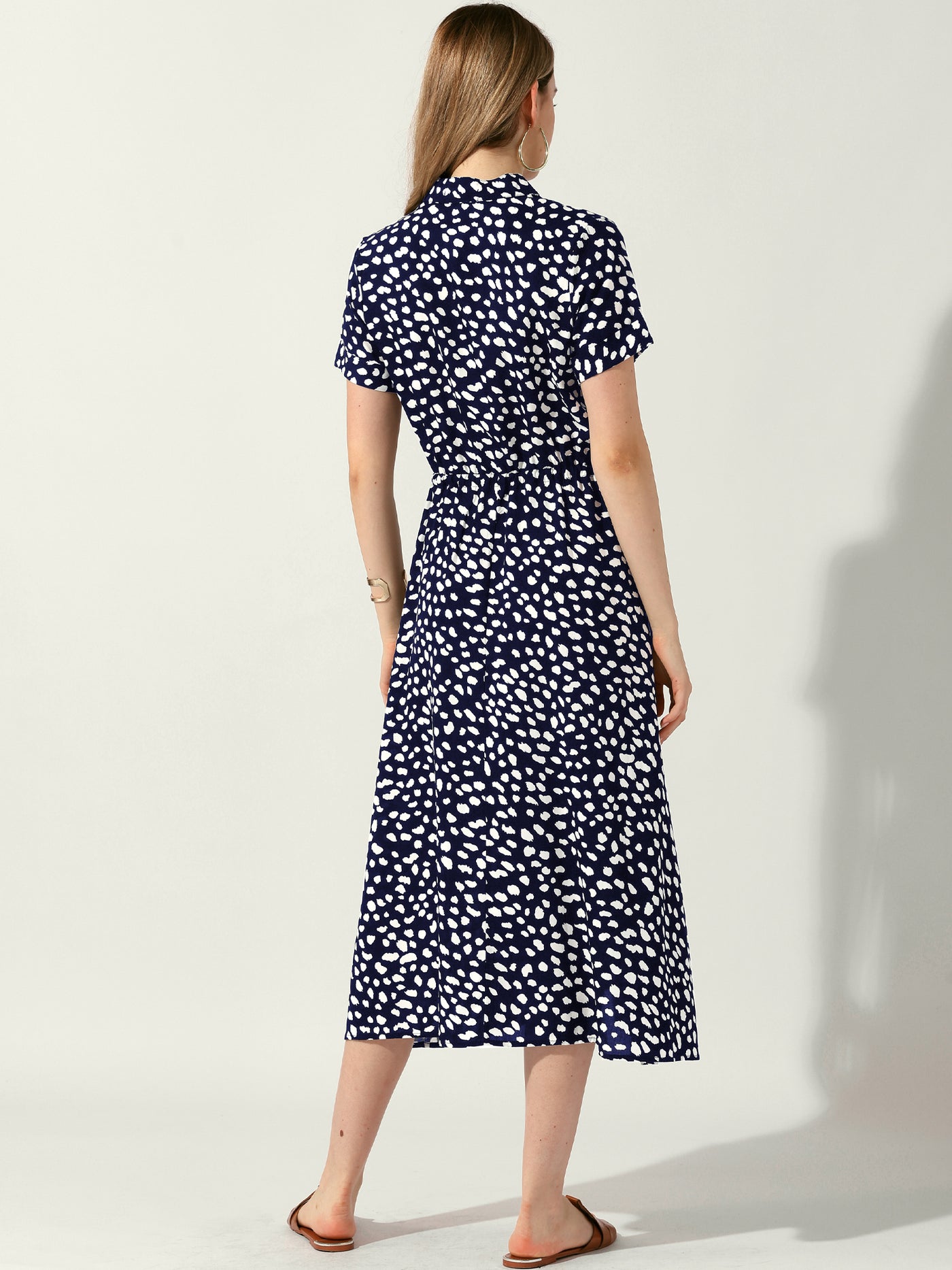 Allegra K Button Down Short Sleeve Drawstring High Waist Midi Dress