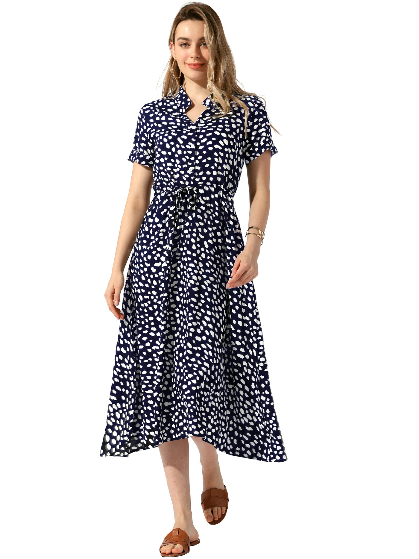 Allegra K Button Down Short Sleeve Drawstring High Waist Midi Dress