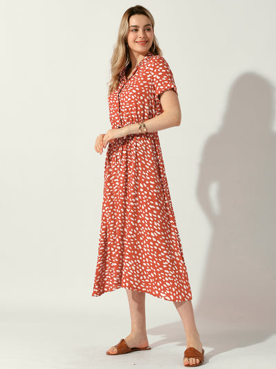 Button Down Short Sleeve Drawstring High Waist Midi Dress