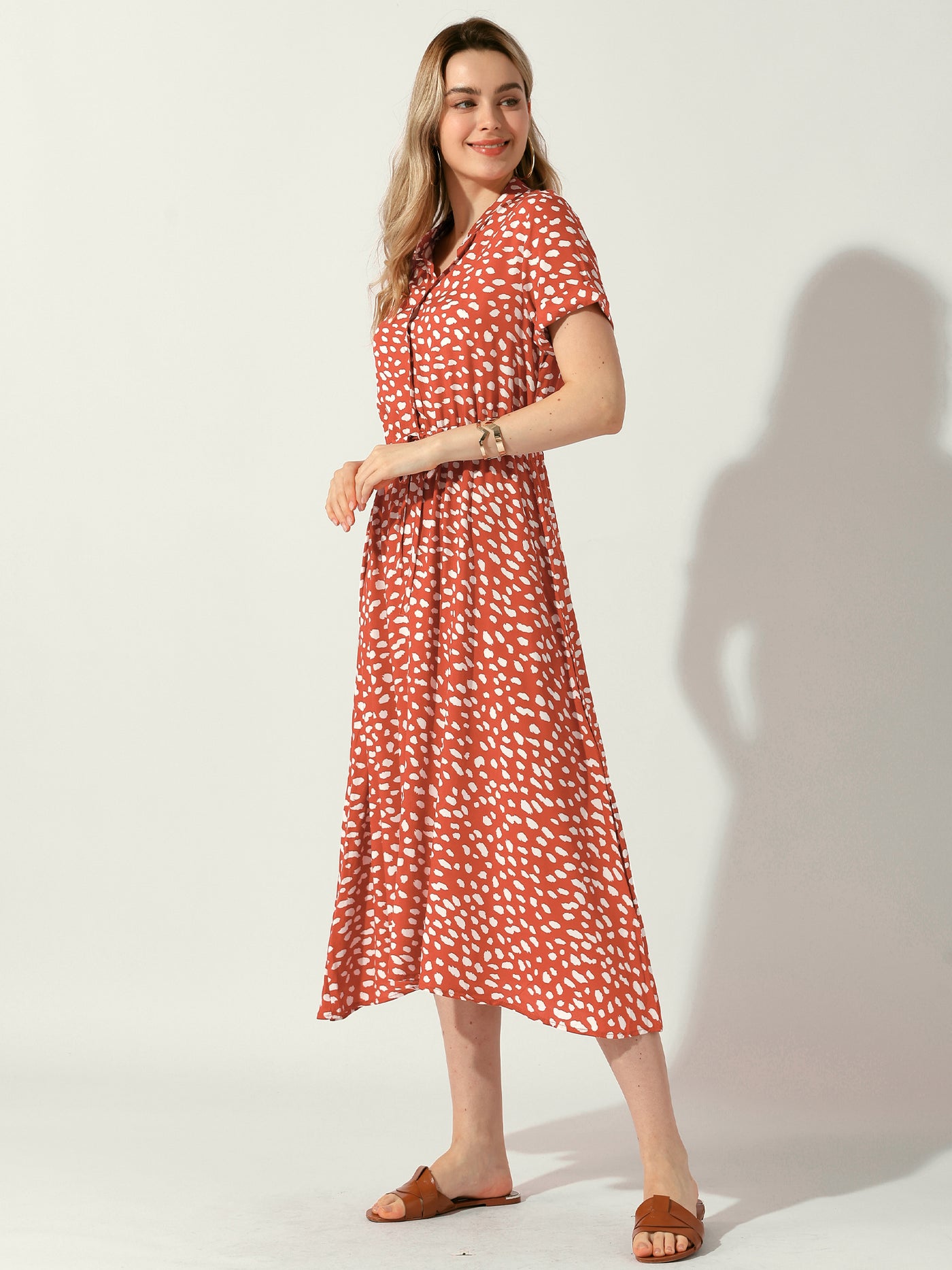 Allegra K Button Down Short Sleeve Drawstring High Waist Midi Dress