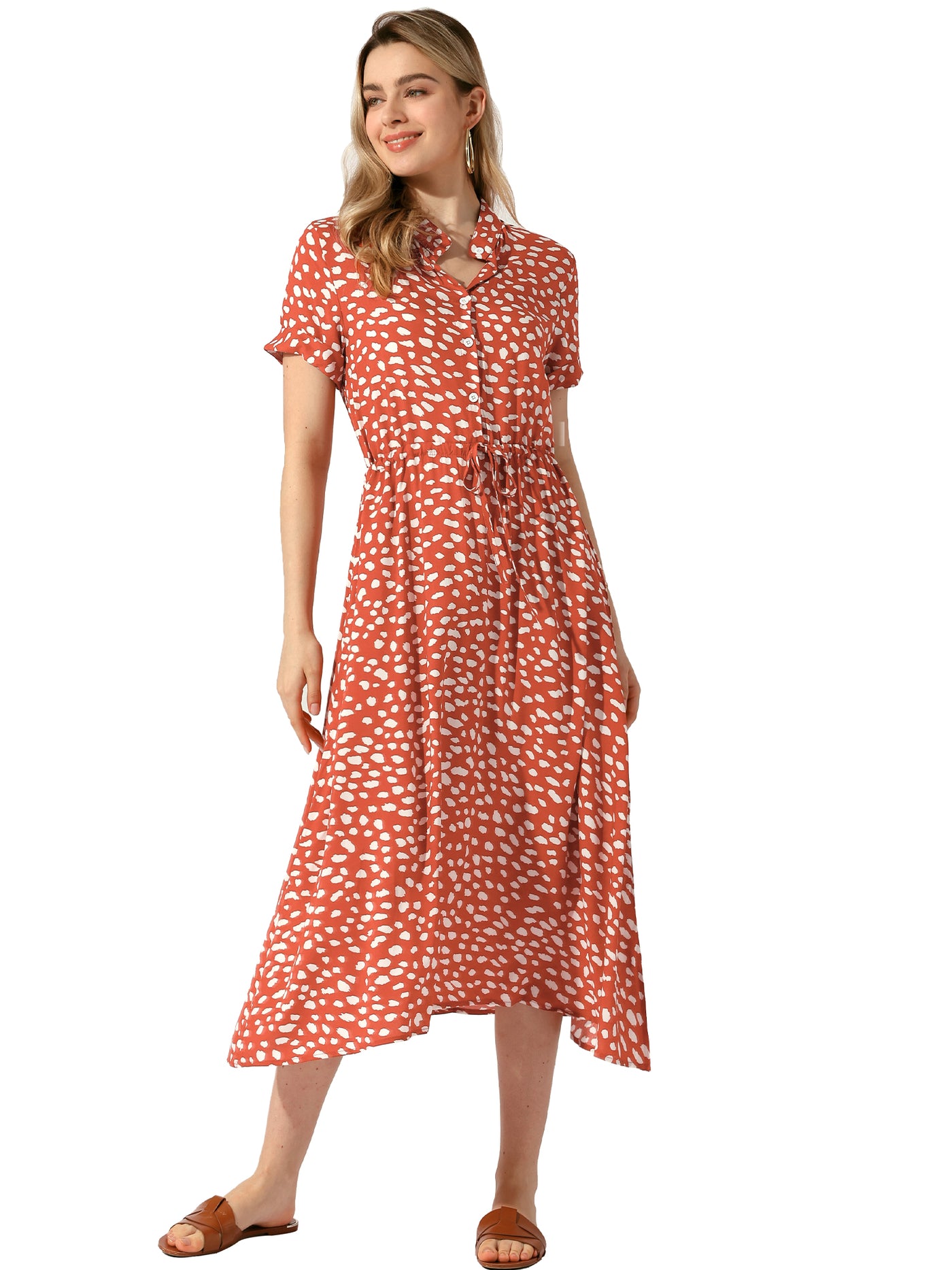 Allegra K Button Down Short Sleeve Drawstring High Waist Midi Dress