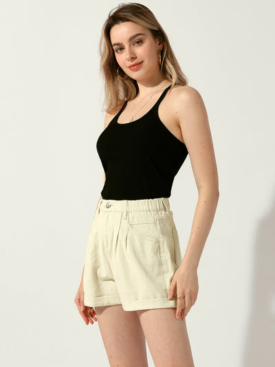 High Elastic Waist Pockets Casual Summer Denim Shorts