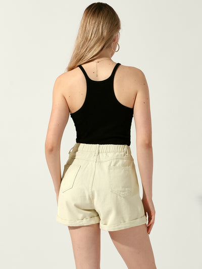 High Elastic Waist Pockets Casual Summer Denim Shorts