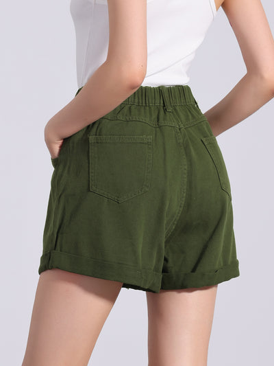 High Elastic Waist Pockets Casual Summer Denim Shorts