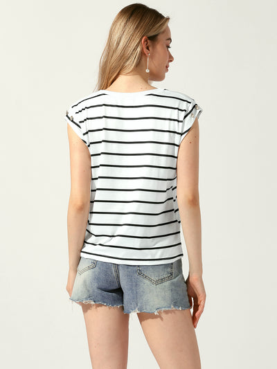 Button Decor Cap Sleeve Crew Neck Striped Blouse