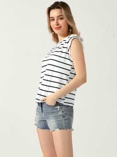 Button Decor Cap Sleeve Crew Neck Striped Blouse