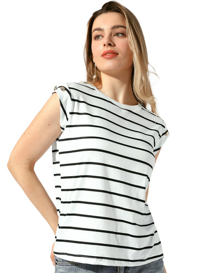 Button Decor Cap Sleeve Crew Neck Striped Blouse