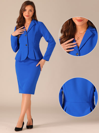 Long Sleeve Notched Lapel Peplum Blazer Pencil Skirt 2 Piece Set