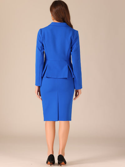 Long Sleeve Notched Lapel Peplum Blazer Pencil Skirt 2 Piece Set