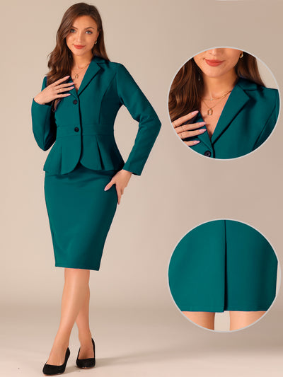 Long Sleeve Notched Lapel Peplum Blazer Pencil Skirt 2 Piece Set