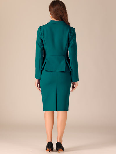 Long Sleeve Notched Lapel Peplum Blazer Pencil Skirt 2 Piece Set