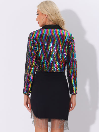 Sparkle Sequin Lapel Collar Open Front Party Cropped Jacket