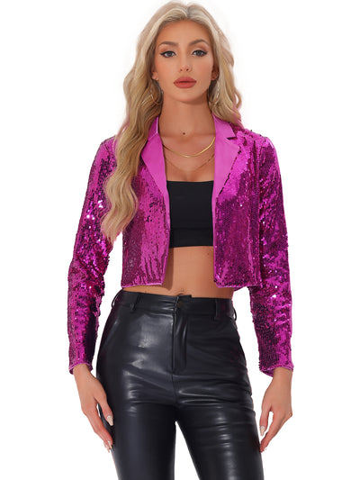 Sparkle Sequin Lapel Collar Open Front Party Cropped Jacket