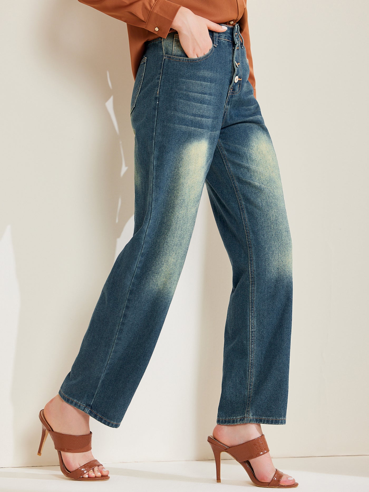 Allegra K High Waisted Buttoned Pocketed Denim Pants Straight Leg Jeans