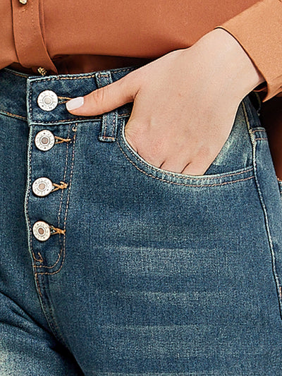 High Waisted Buttoned Pocketed Denim Pants Straight Leg Jeans