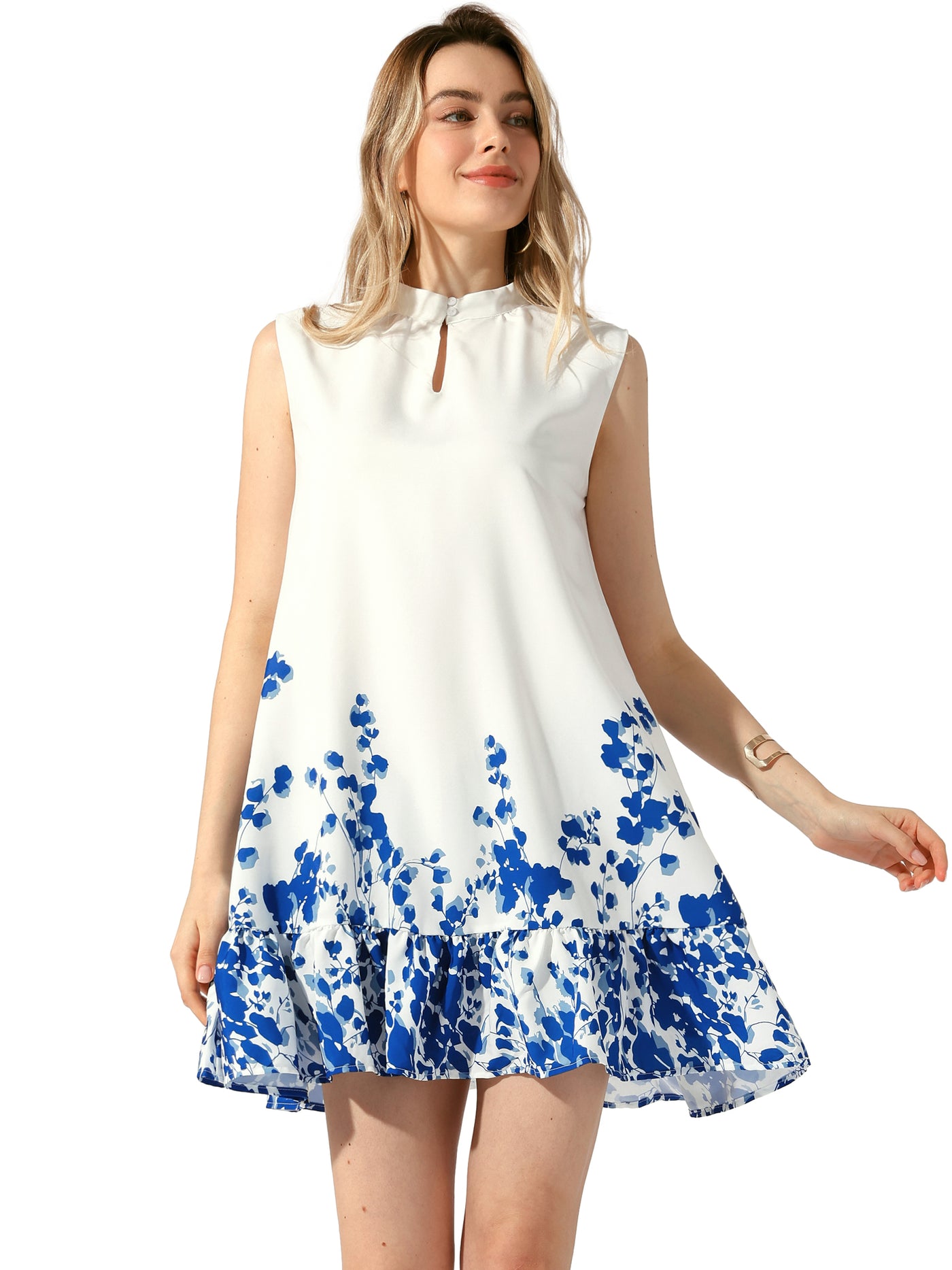 Allegra K Floral Printed Ruffled Hem Sleeveless Mini Dress