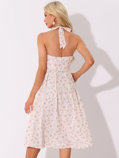 Halter Neck Floral Summer Sundress Sleeveless Lace Up Midi Dress