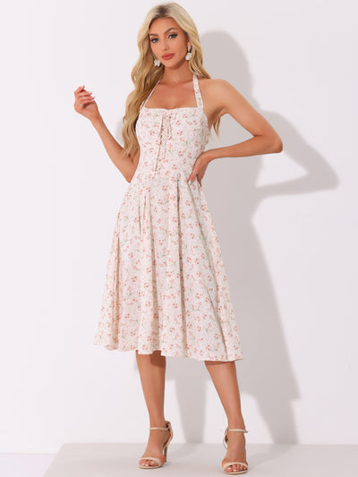 Halter Neck Floral Summer Sundress Sleeveless Lace Up Midi Dress