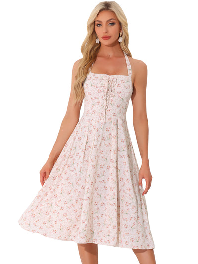 Halter Neck Floral Summer Sundress Sleeveless Lace Up Midi Dress