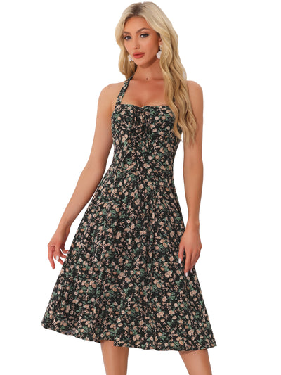 Halter Neck Floral Summer Sundress Sleeveless Lace Up Midi Dress