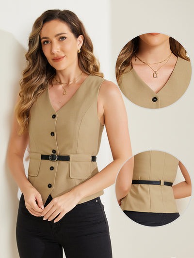 Button Front Closure Vest V Neck Belted Pockets