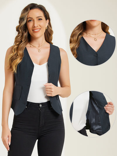 Button Front Closure Vest V Neck Belted Pockets