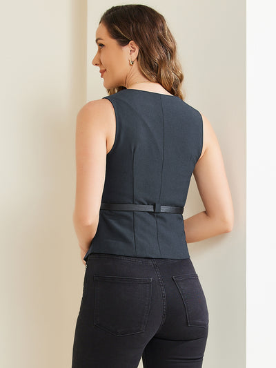 Button Front Closure Vest V Neck Belted Pockets