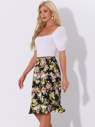 Floral Ruffle Elastic High Waist Button Flowy Split Midi Skirt