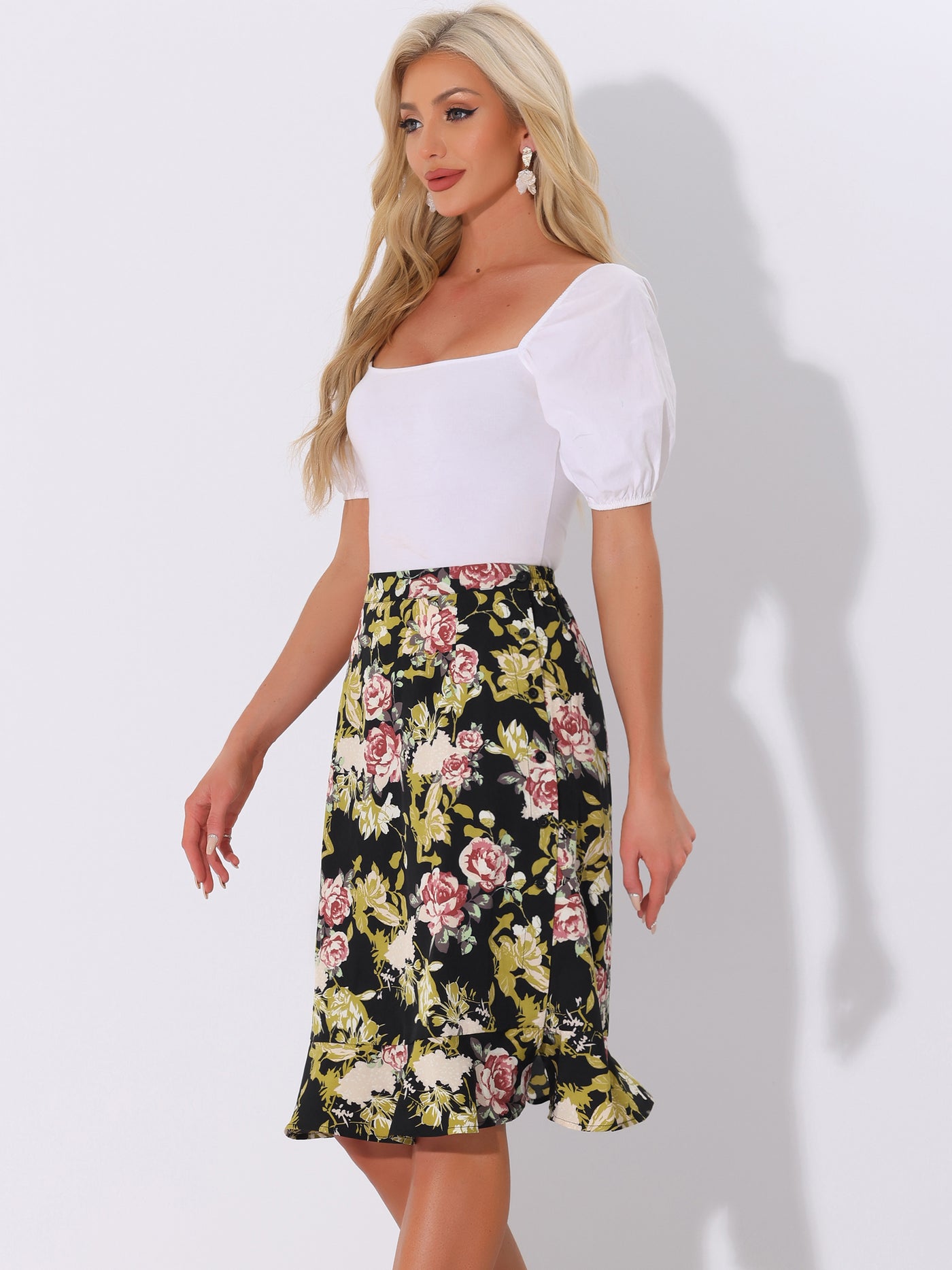 Allegra K Floral Ruffle Elastic High Waist Button Flowy Split Midi Skirt