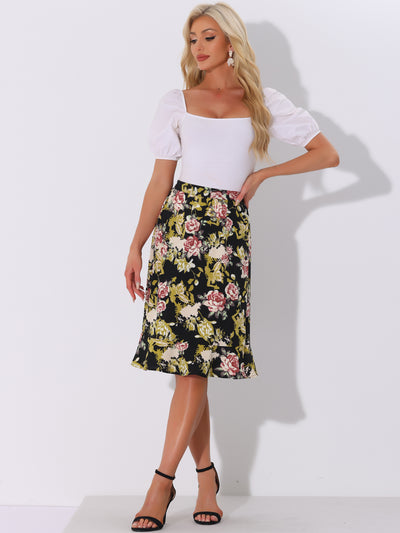 Floral Ruffle Elastic High Waist Button Flowy Split Midi Skirt