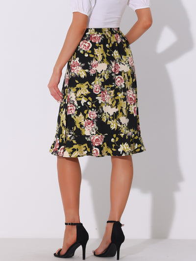 Floral Ruffle Elastic High Waist Button Flowy Split Midi Skirt