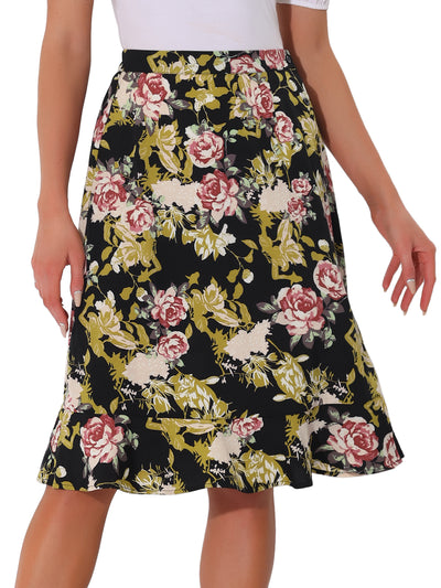 Floral Ruffle Elastic High Waist Button Flowy Split Midi Skirt