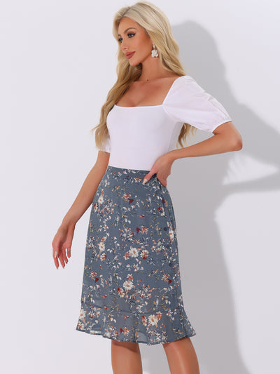 Floral Ruffle Elastic High Waist Button Flowy Split Midi Skirt