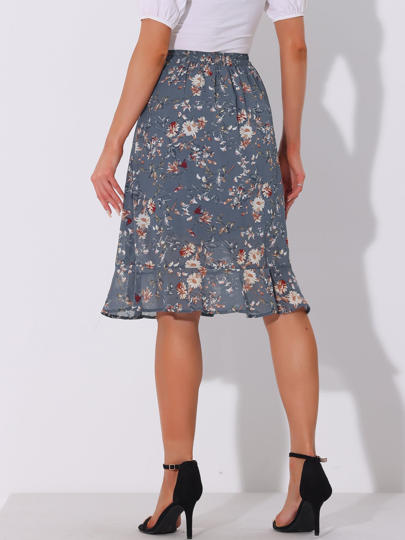 Allegra K Floral Ruffle Elastic High Waist Button Flowy Split Midi Skirt