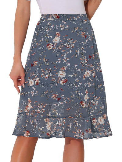 Floral Ruffle Elastic High Waist Button Flowy Split Midi Skirt