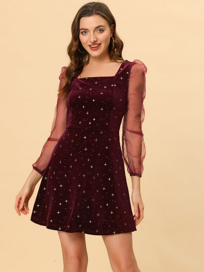 Sheer Puff Sleeve Square Neck Glitter Metallic Star Velvet Mini Dress