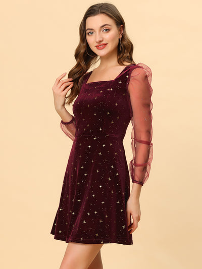 Sheer Puff Sleeve Square Neck Glitter Metallic Star Velvet Mini Dress