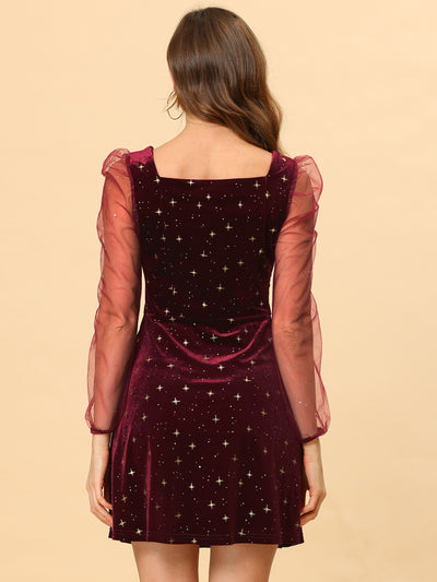 Sheer Puff Sleeve Square Neck Glitter Metallic Star Velvet Mini Dress