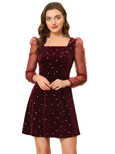 Sheer Puff Sleeve Square Neck Glitter Metallic Star Velvet Mini Dress