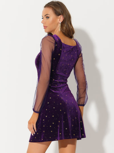 Sheer Puff Sleeve Square Neck Glitter Metallic Star Velvet Mini Dress