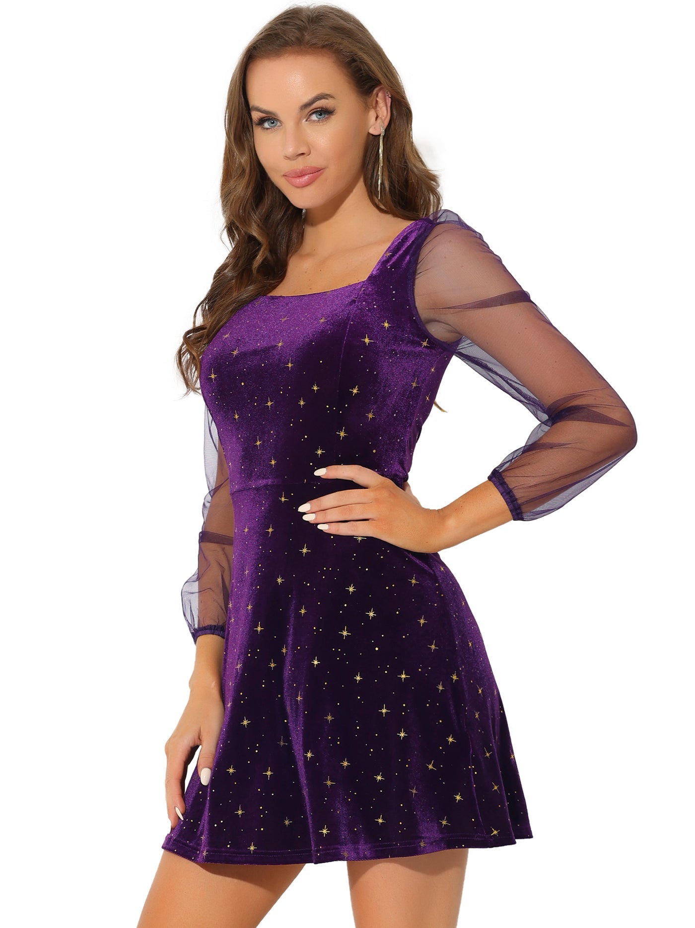 Allegra K Sheer Puff Sleeve Square Neck Glitter Metallic Star Velvet Mini Dress