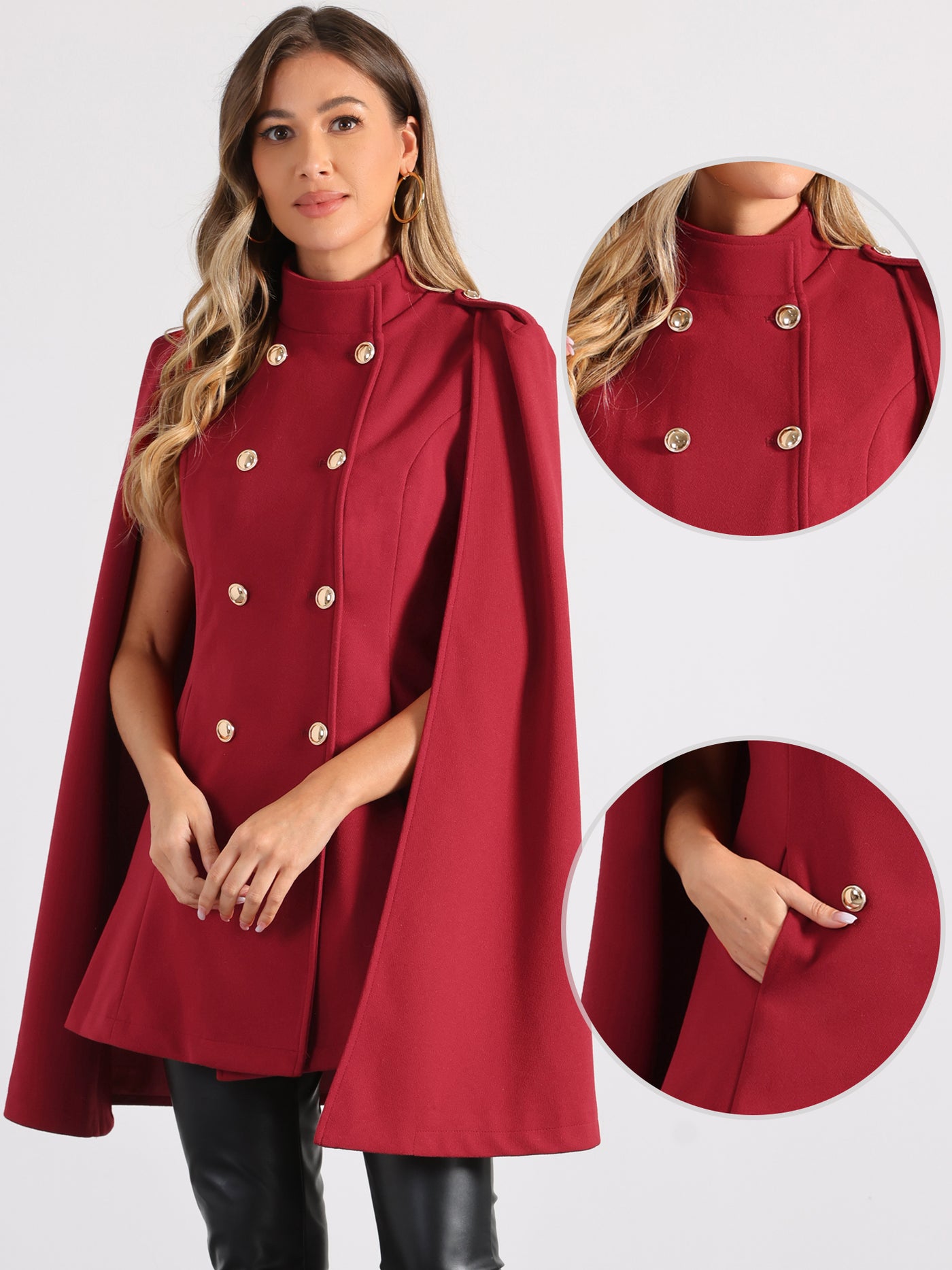 Allegra K Winter Slit Sleeve Double Breasted Cloak Cape Coat