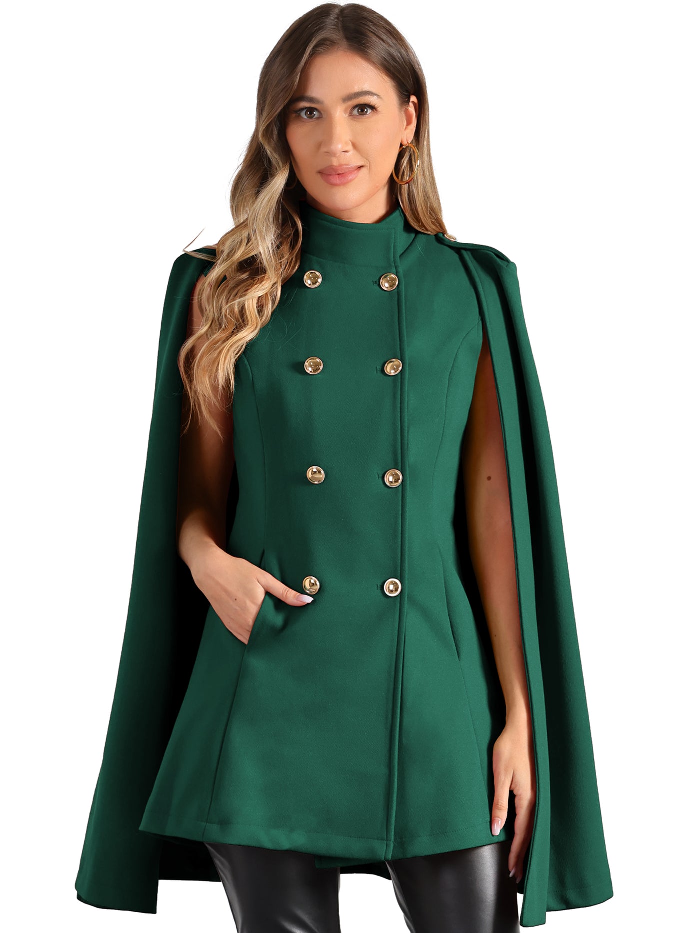 Allegra K Winter Slit Sleeve Double Breasted Cloak Cape Coat