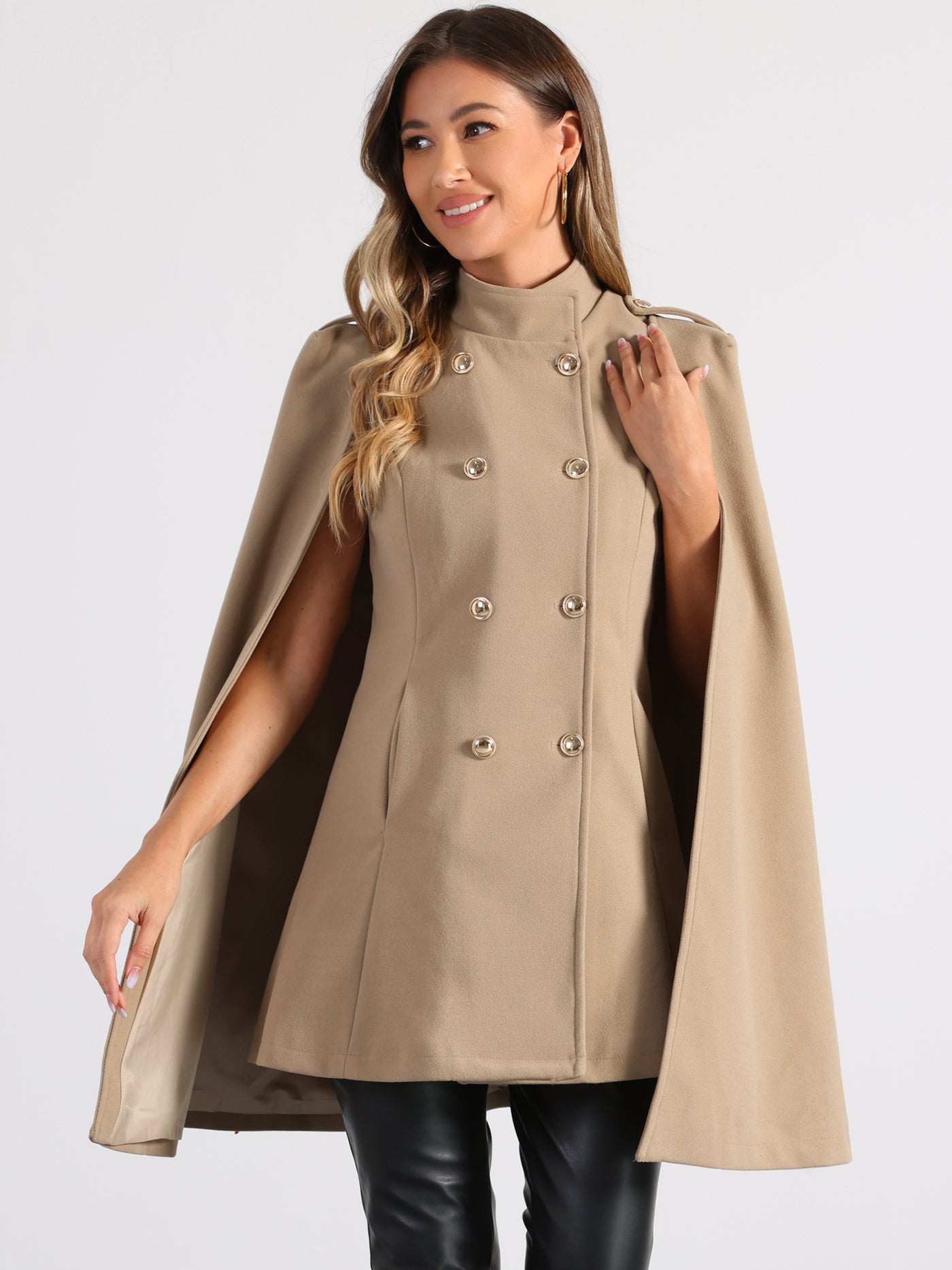 Allegra K Winter Slit Sleeve Double Breasted Cloak Cape Coat