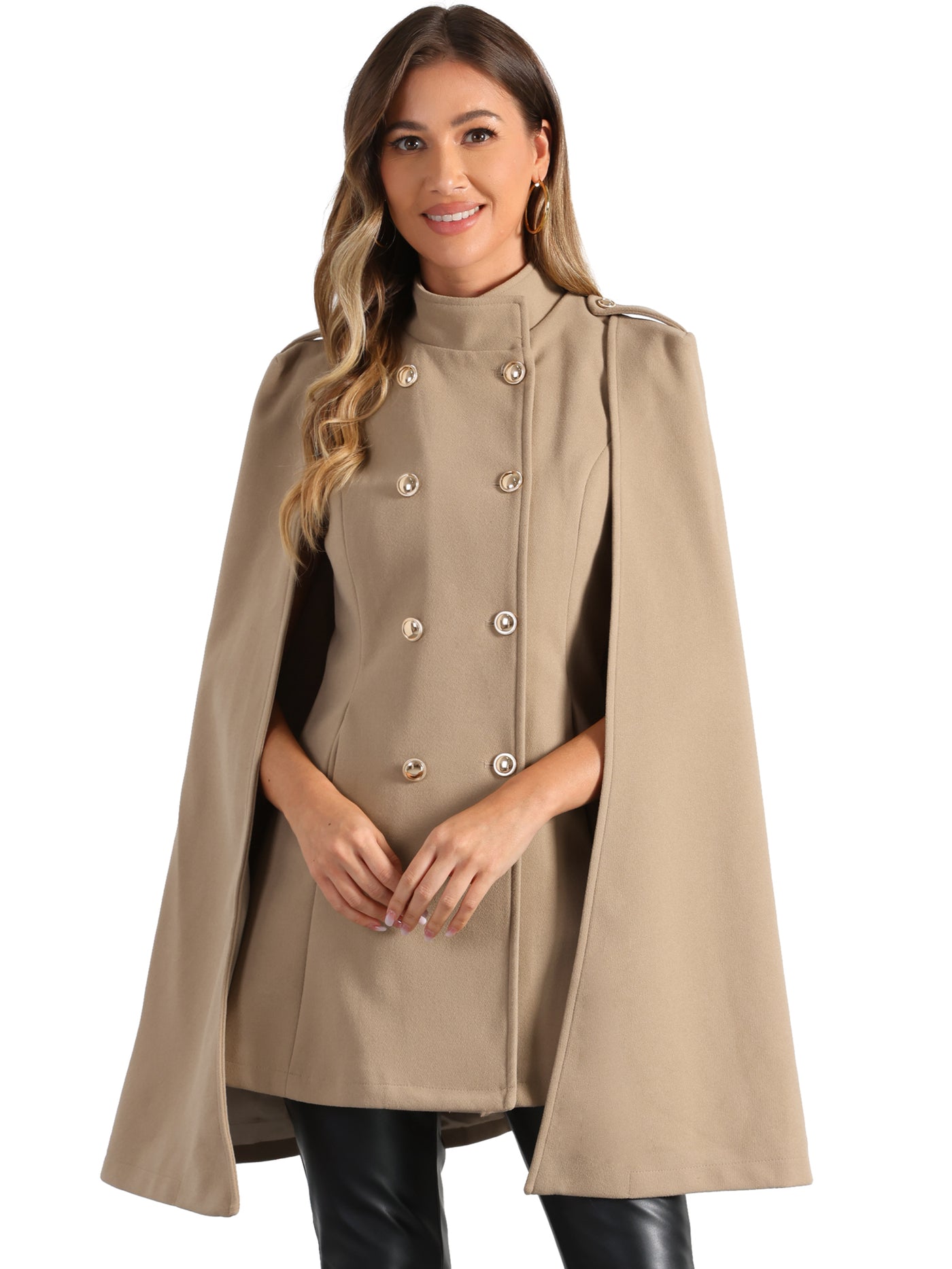 Allegra K Winter Slit Sleeve Double Breasted Cloak Cape Coat