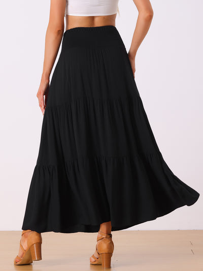 Summer Maxi Casual Elastic High Waist Tiered Boho Long Skirt